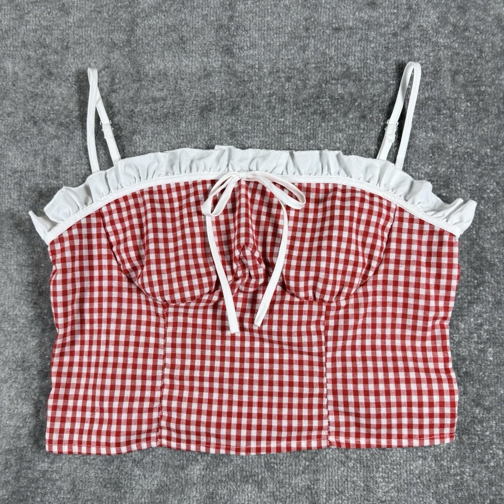 Gingham Red Check Corset Crop Top XL Ruffle Hem Bow Country Girl Cottagecore